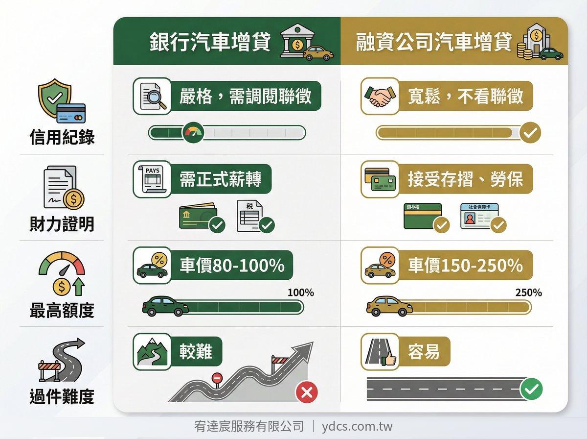 銀行與融資公司汽車增貸條件比較表-宥達宸服務有限公司