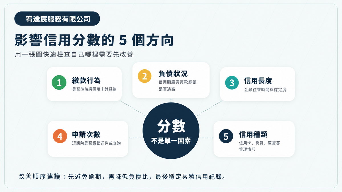 影響信用分數的五個方向資訊圖表｜宥達宸